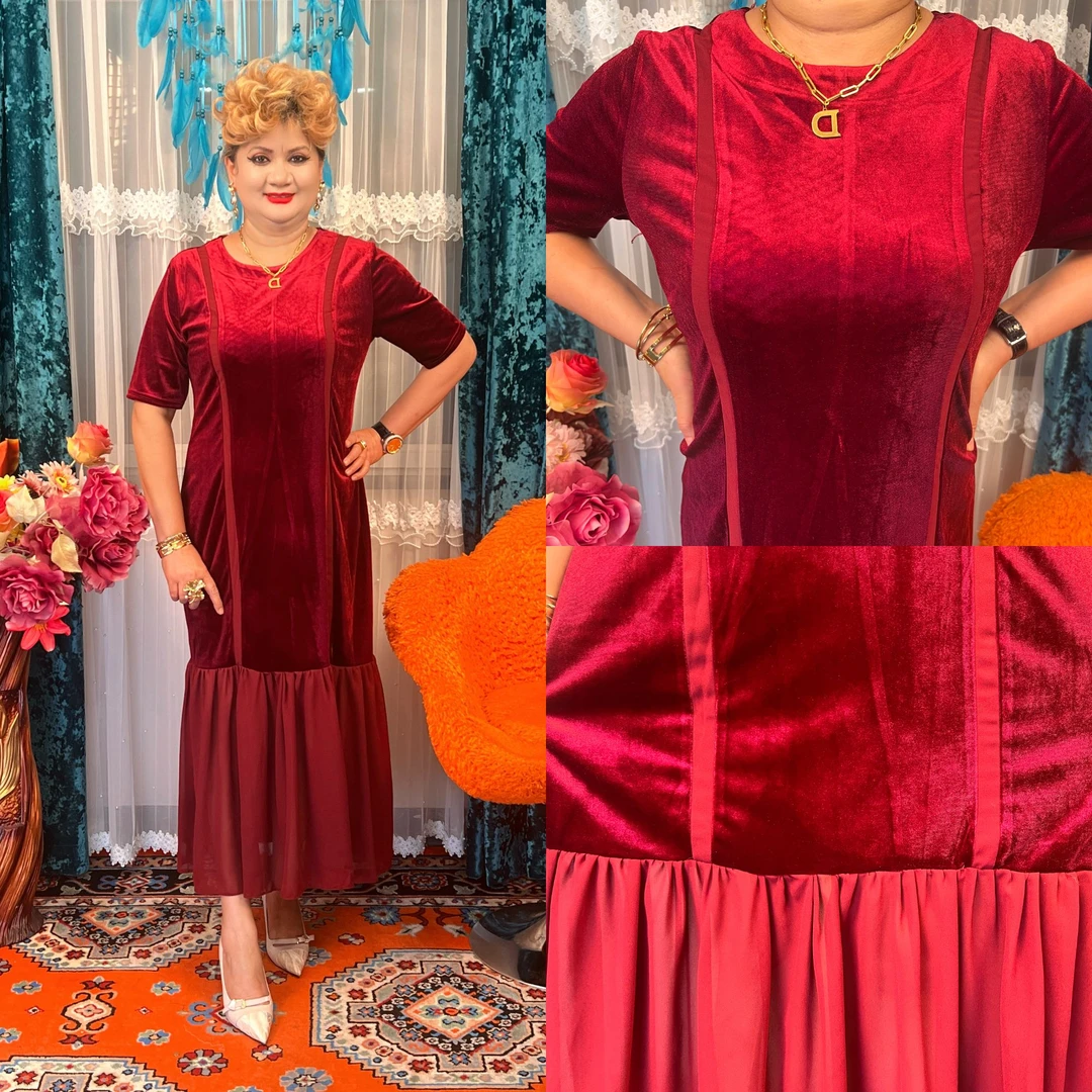 圆领短袖长裙不规则裙套头连衣裙酒红色蕾丝裙子复古