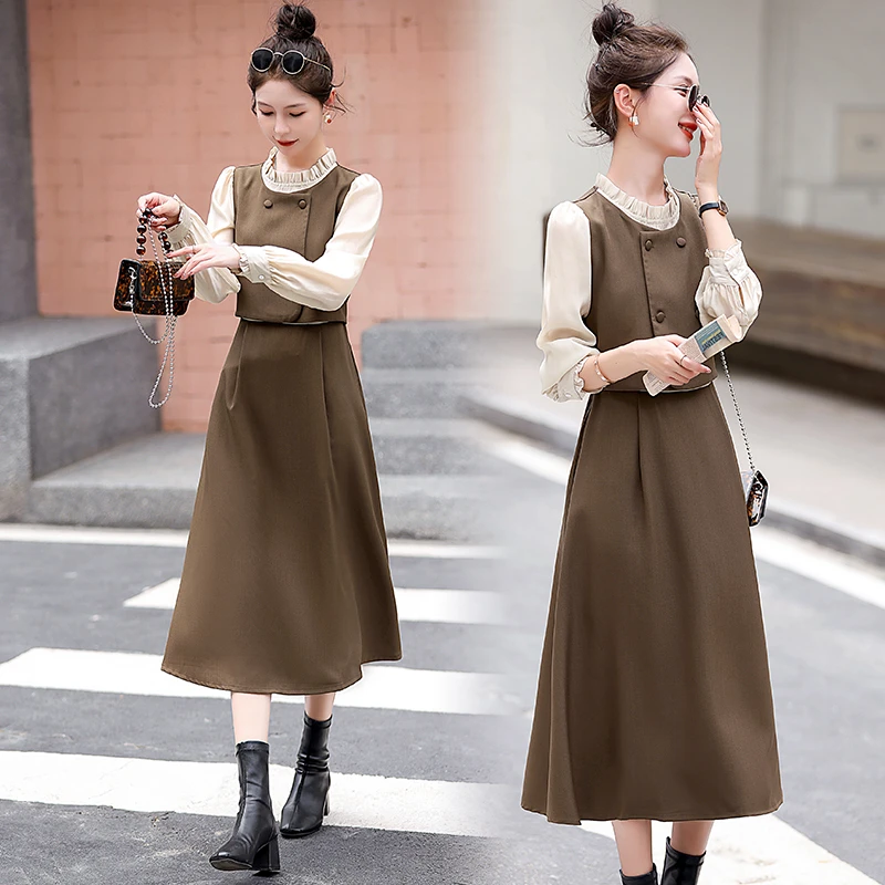 早秋高级感长袖连衣裙女2025新款法式假两件女神气质通勤减龄裙子