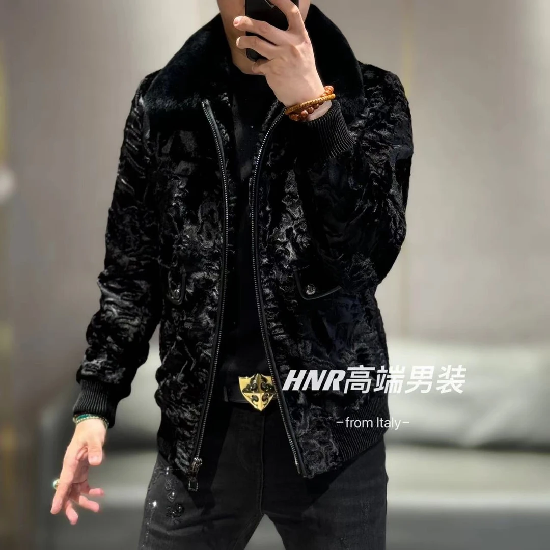 【顺丰包邮】秋冬新款水波纹男士轻奢休闲兔毛领绵羊皮醋酸夹克9182