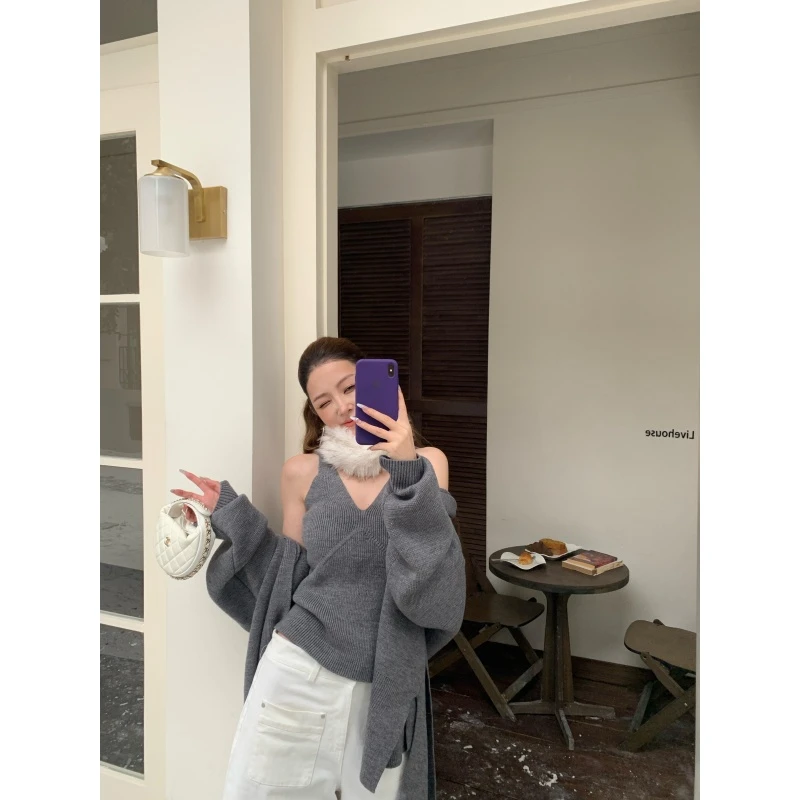 秋冬慵懒风纯欲背心内搭韩系温柔气质百搭针织开衫高腰宽松休闲裤