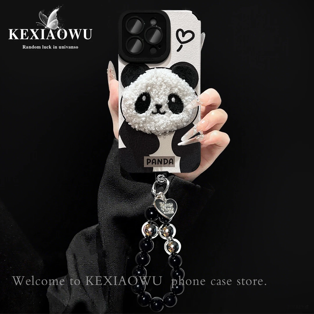 【OPPO/一加系列】适用轻奢瞳眼毛绒立体熊猫手链手机壳