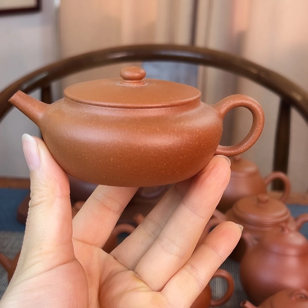 紫砂茶壶精品原矿 扁晨 红降坡 140cc