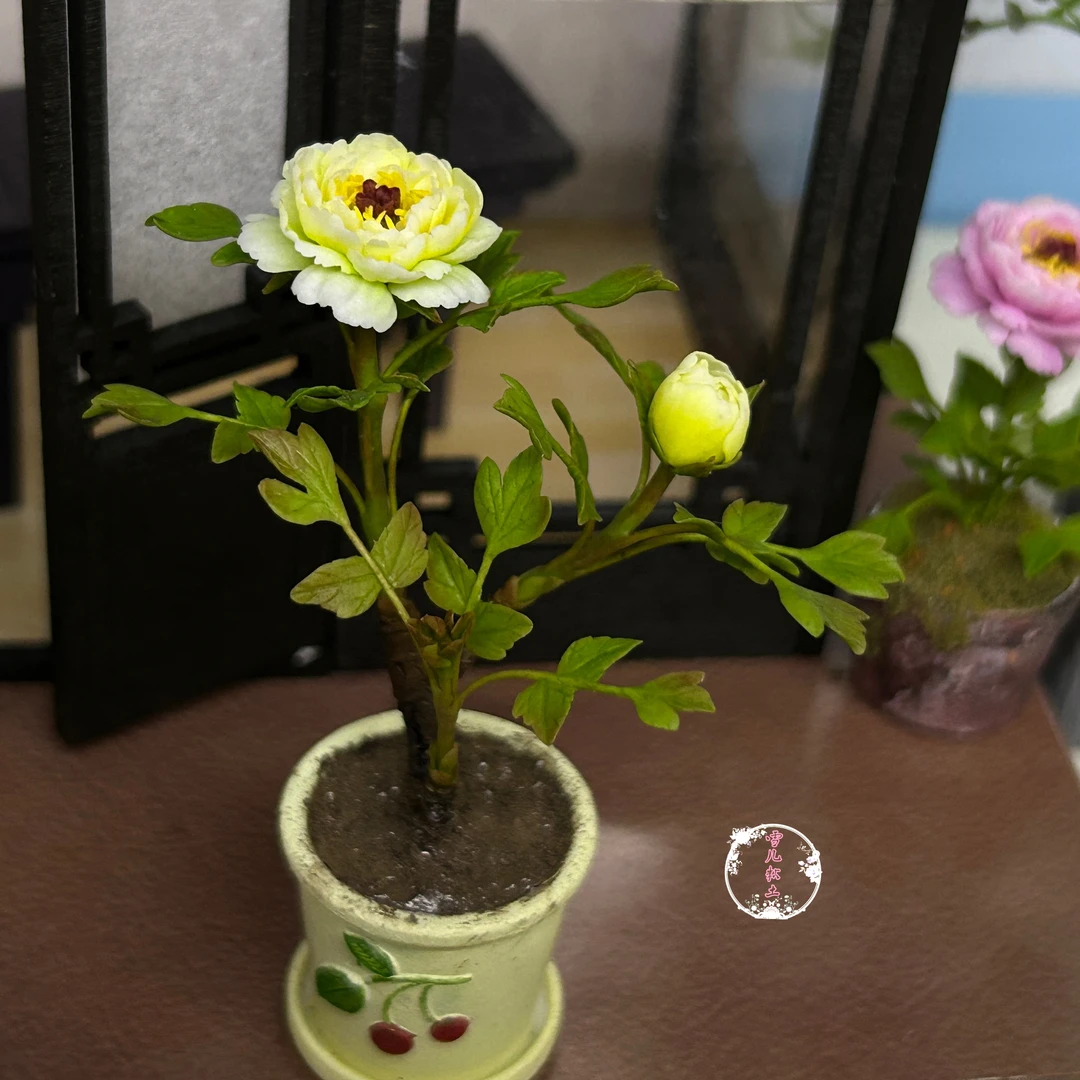 微缩牡丹盆栽，树脂粘土制作