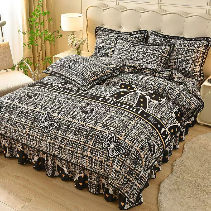 西藏包邮双面牛奶绒床裙款四件套，加绒双面绒欧式防滑