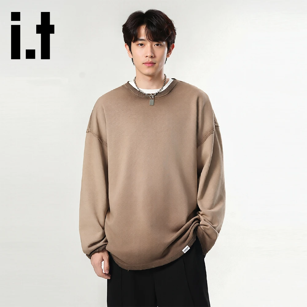 it:CHOCOOLATE秋冬新款咖色圆领卫衣男士休闲百搭渐变色打底上衣