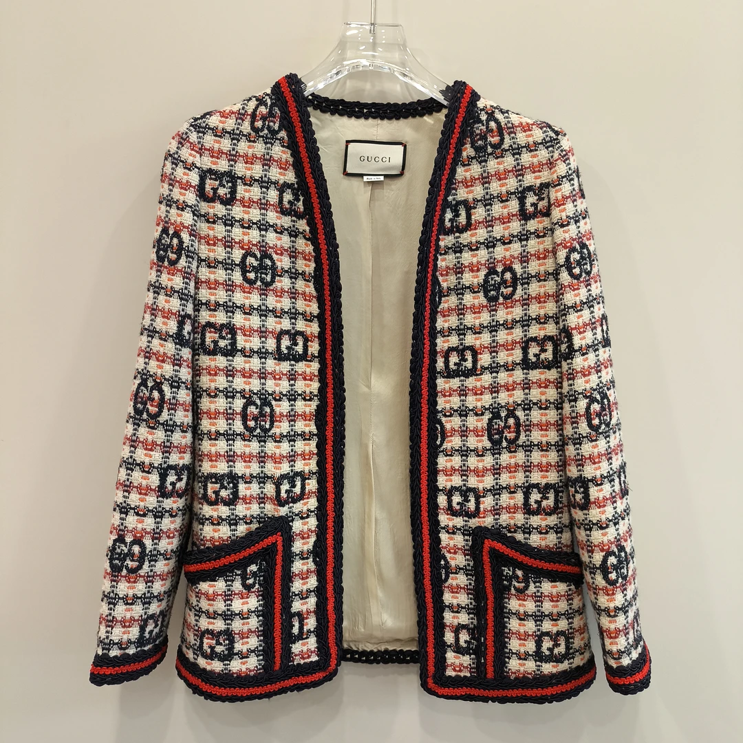 95新 GUCCI/古驰 提花V领花呢长袖夹克外套 尺码36 AA00997