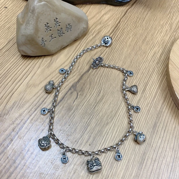 925银脚链 英英手工錾刻银脚链