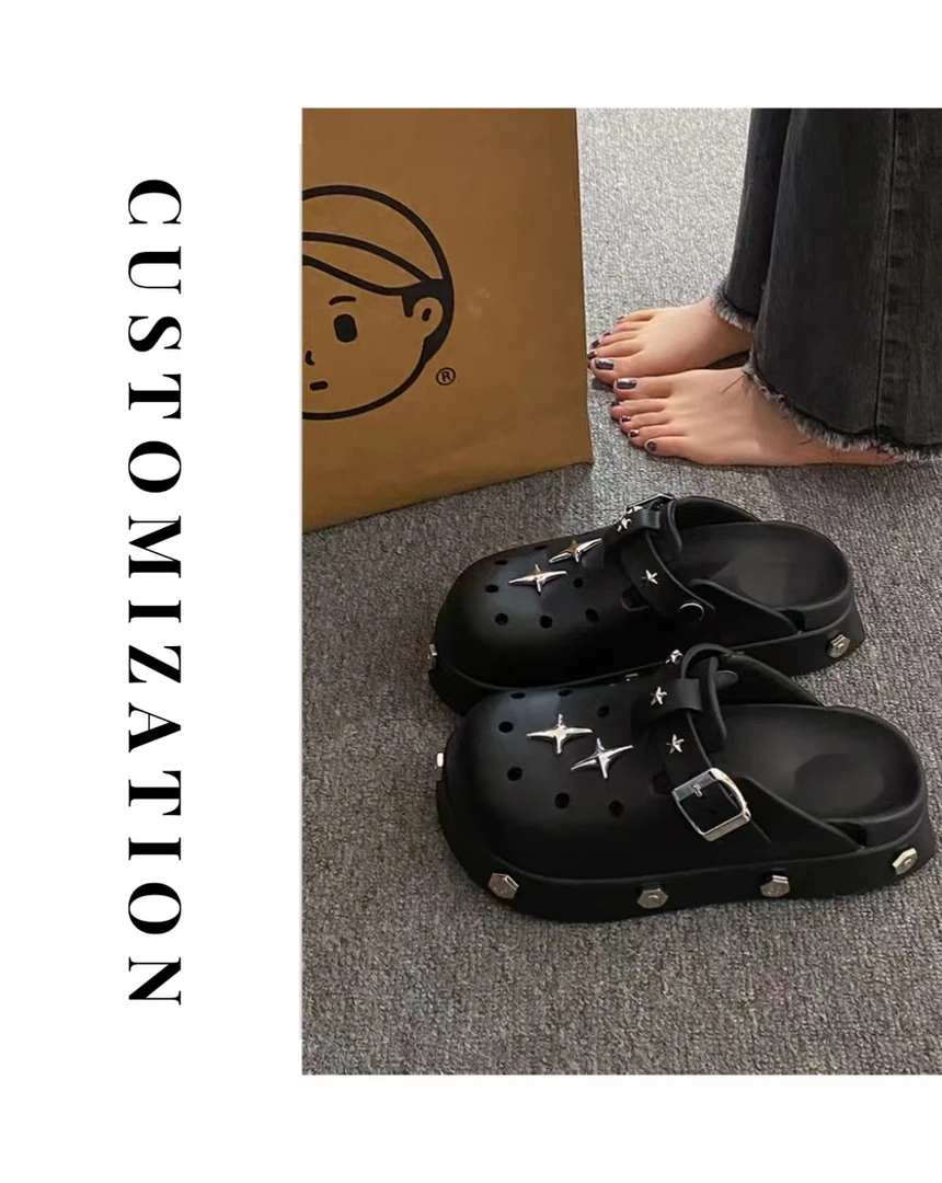 2025年夏款黑色镂空十字星厚底拖鞋外穿半拖软底包头凉拖女