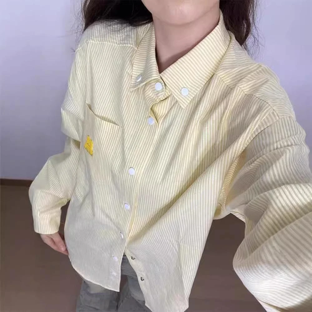 牙刷绣小狗条纹衬衫复古休闲宽松百搭潮流男女