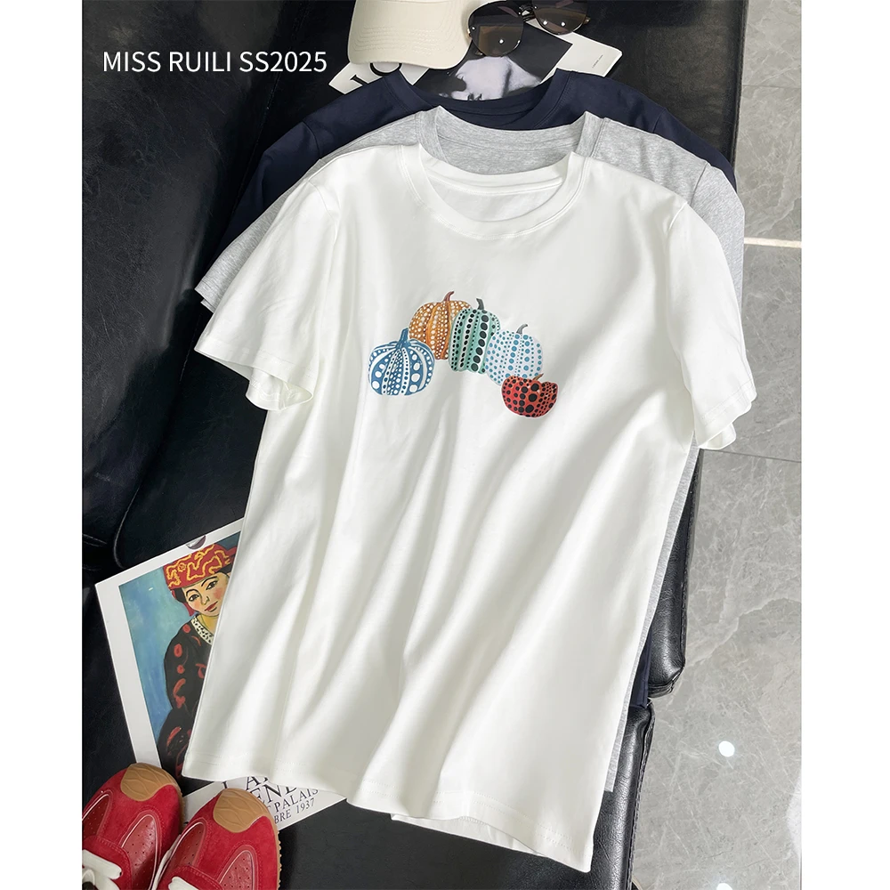 MISS RUILI 定制 2025圆领百搭休闲南瓜印花套头短袖T恤F0310