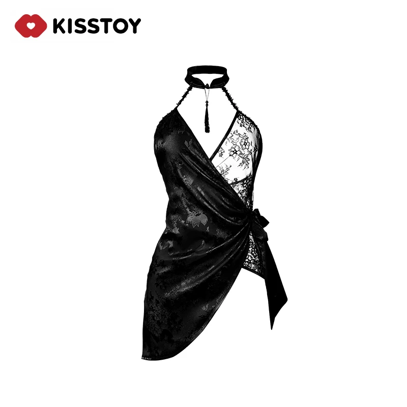KISSTOY夜光内衣气质睡衣性感纯欲睡裙小胸显大缎面新中式黑镂空