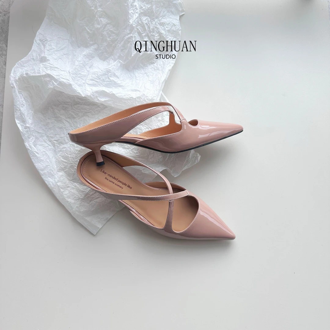 【清欢】交叉带时尚法式尖头 | 舒适真皮高跟后空凉鞋 |4cm