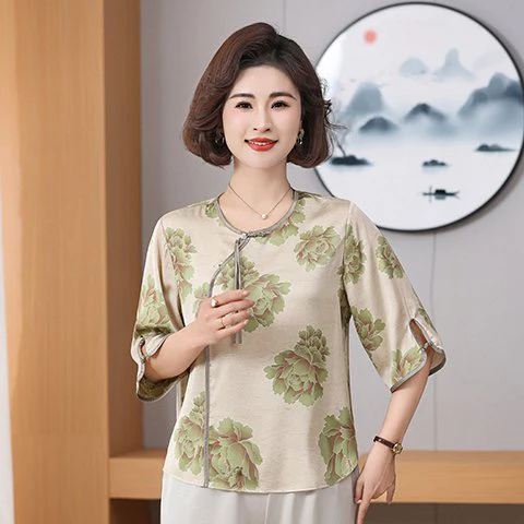 春季气质优雅民族风印花盘扣通勤小衫上衣7878款