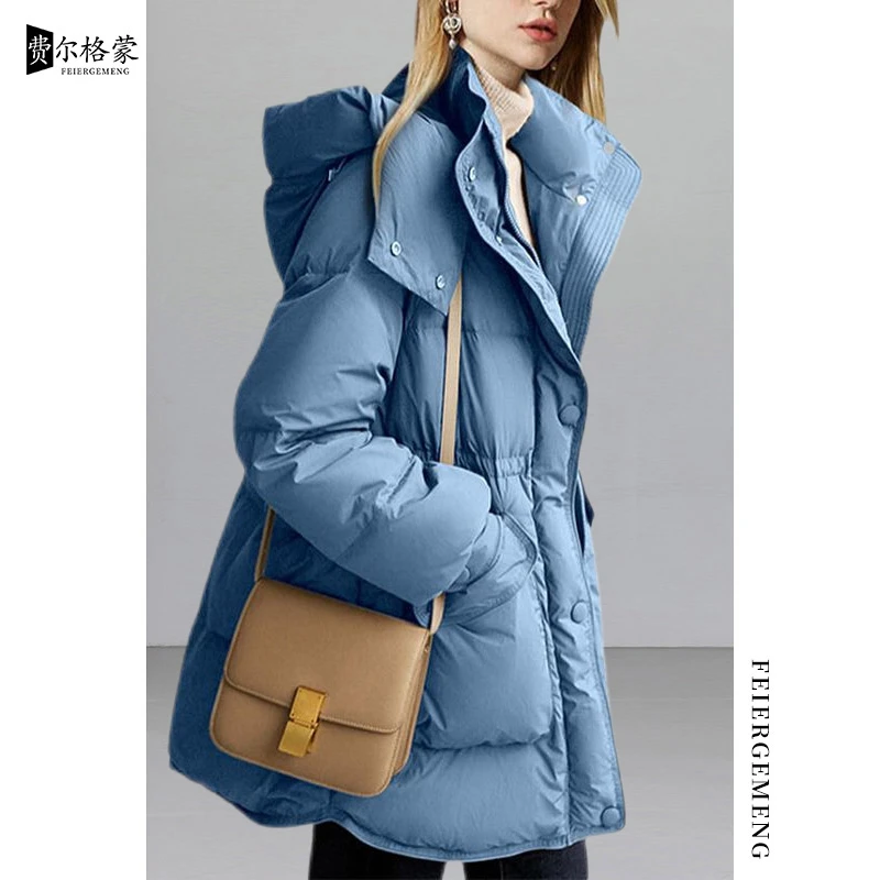 高档洋气加厚面包服连帽外套女白鸭绒保暖新款气质蓝色羽绒服中款