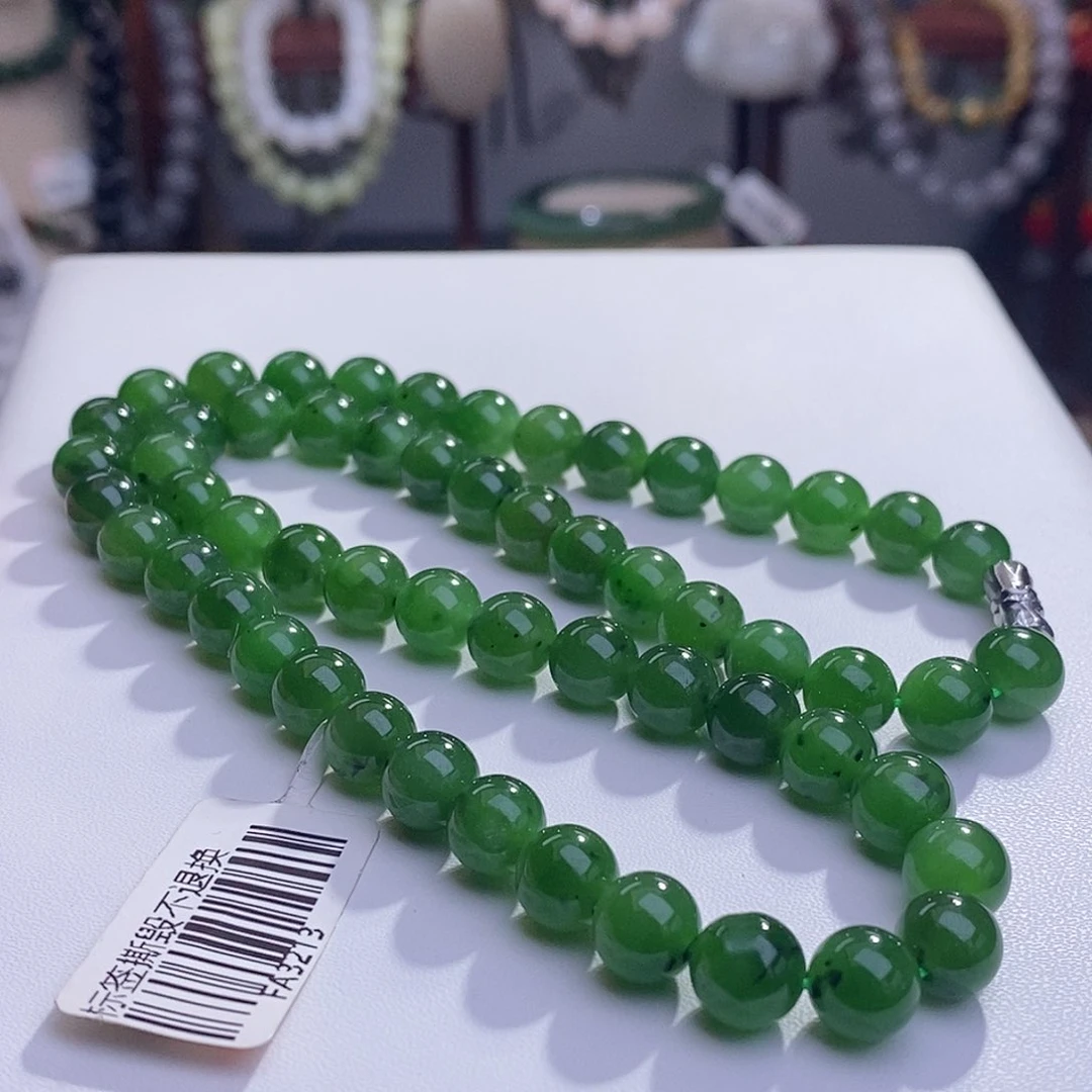和田玉精品碧玉俄料老矿料高冰辣绿圆珠项链8未镶嵌