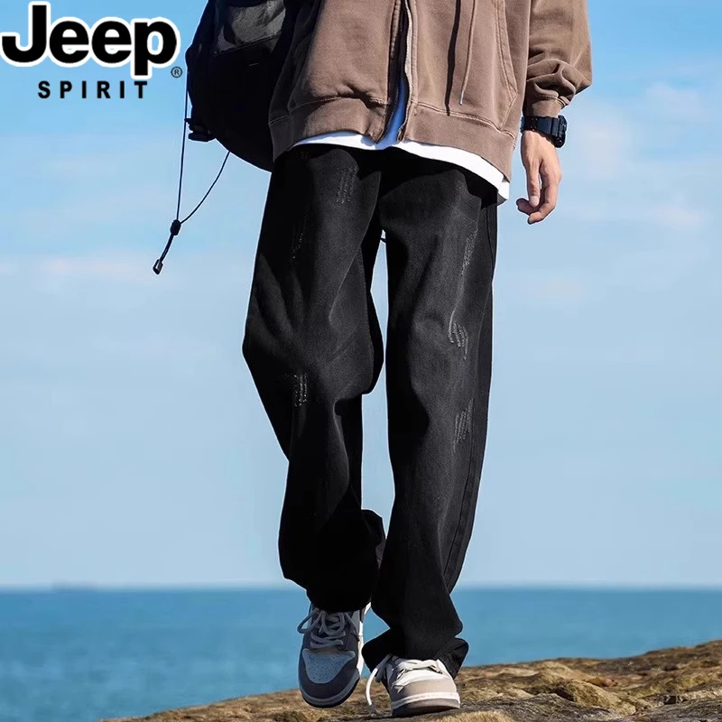 JEEPSPIRIT吉普美式高街黑色vibe牛仔裤男款春季2025新款宽松直筒