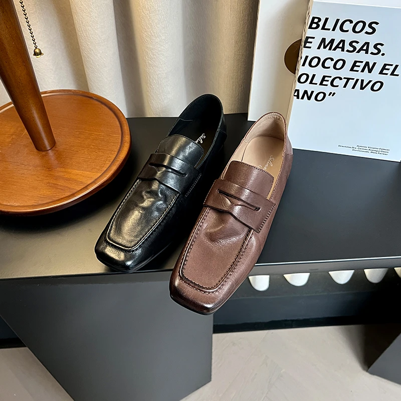 春季乐福鞋通勤英伦风平底粗跟时尚深口复古女鞋真皮休闲单鞋