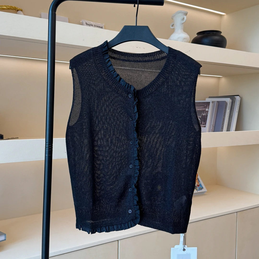 JAS 今屿 夏季法式复古气质百搭木耳边无袖背心qc JY252-DB-L508