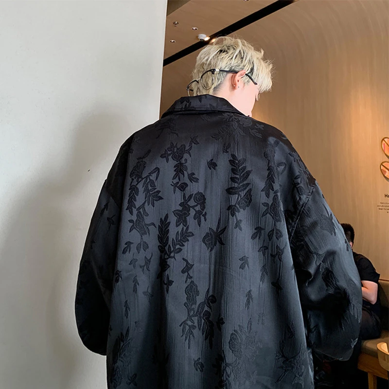 新中式暗纹提花长袖衬衫男春秋款潮牌设计感小众国潮衬衣外套大码