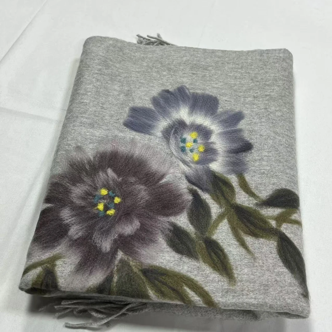 羊绒长巾-清灰毛绒花 60*180cm丝巾