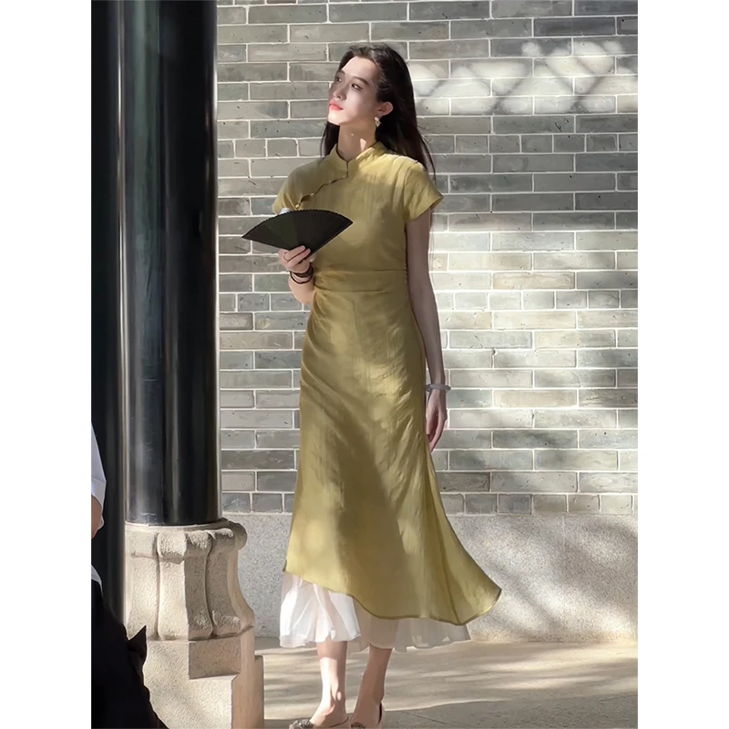 凌茜 新中式【文茵】夏季中国风斜襟镂空复古连袖短袖开叉旗袍裙子