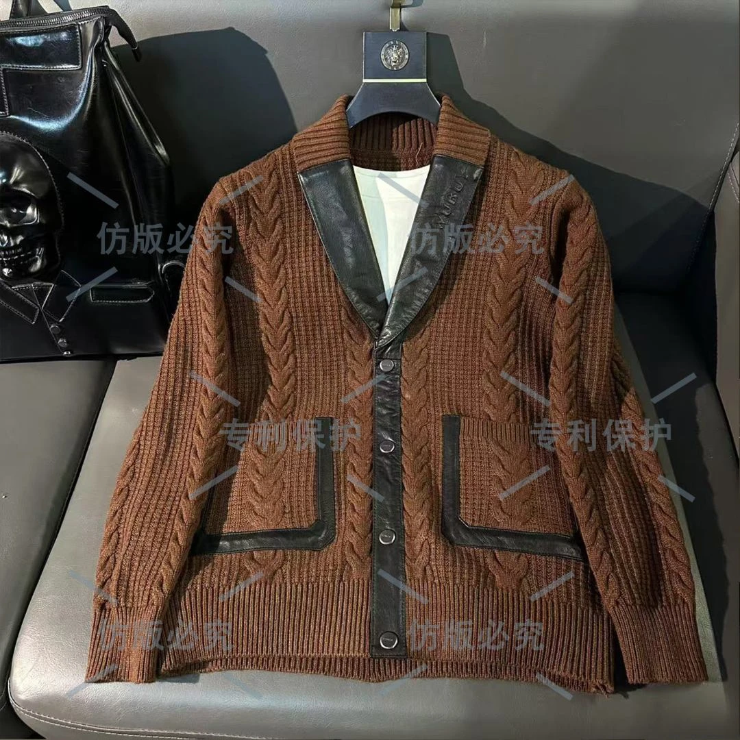 海宁春秋男士青果领羊毛衫拼头层牛皮休闲百搭保暖时尚短款夹克