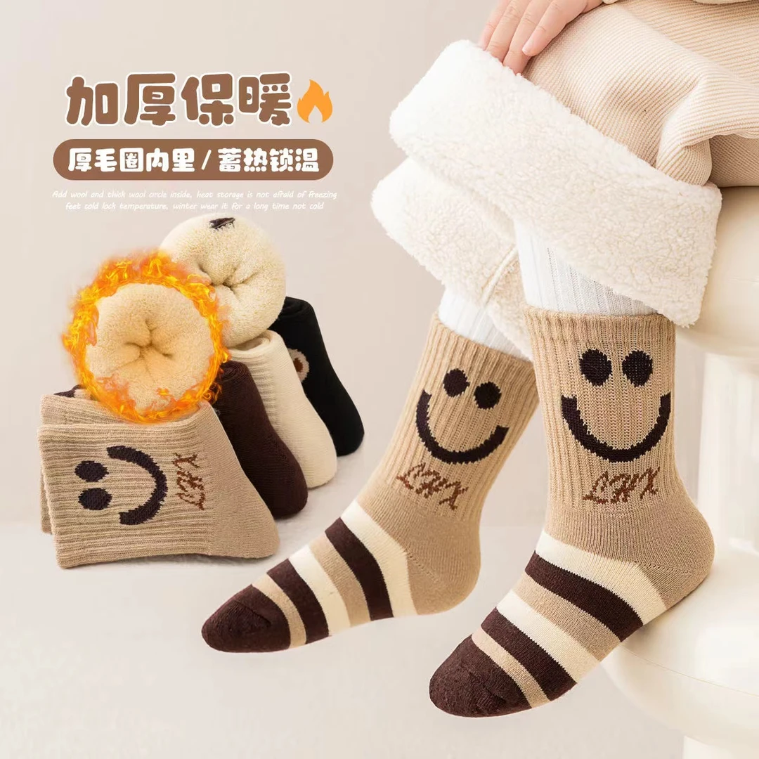 5双毛圈加厚A类中筒袜子儿童袜子冬天学生袜子保暖加绒卡通长筒袜