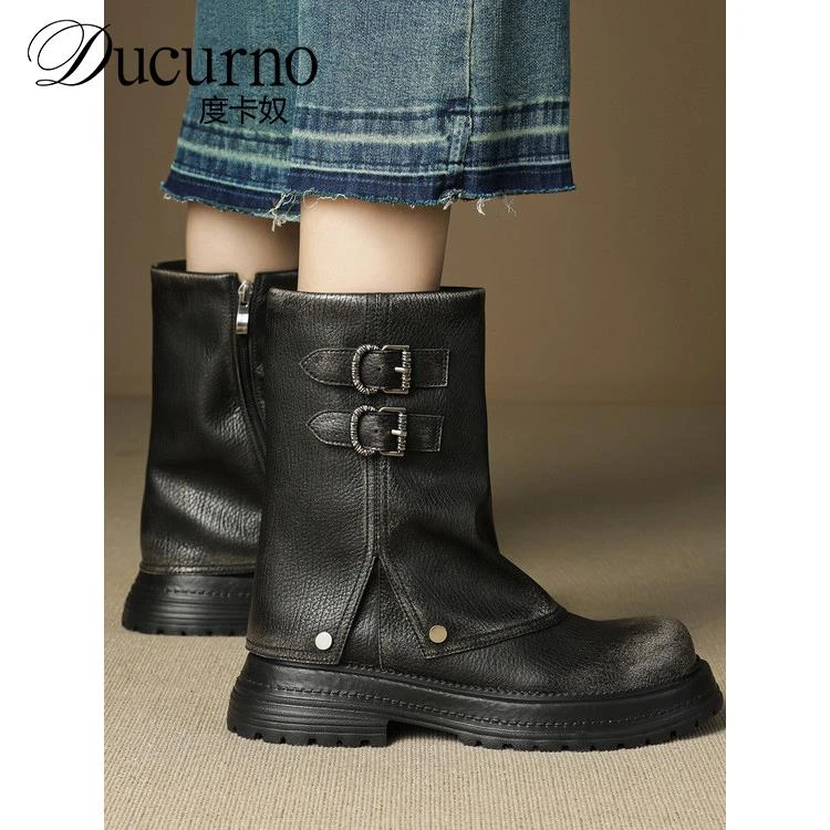 DUCURNO复古风时尚圆头粗跟裤管靴女擦色真皮马丁靴百搭厚底短靴
