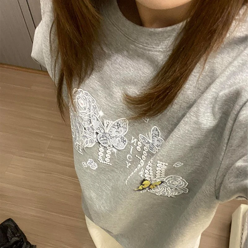 NASA ROAD蝴蝶结刺绣设计感短袖T恤女新款夏季休闲慵懒风宽松上衣