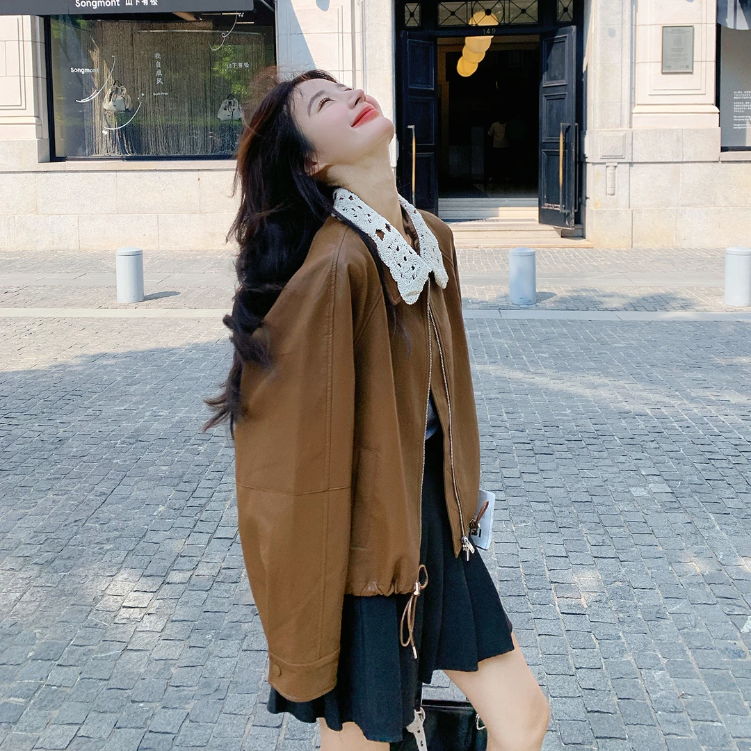 秋季设计感短款针织翻领皮衣外套女2025新款棕色炸街超好看PU夹克