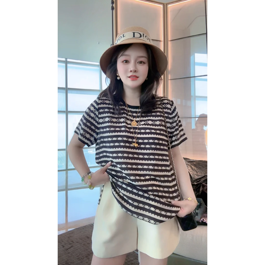 【丝芙玉禄】（F990）真丝双绉创意黑白条气质时尚显瘦桑蚕丝t恤上衣