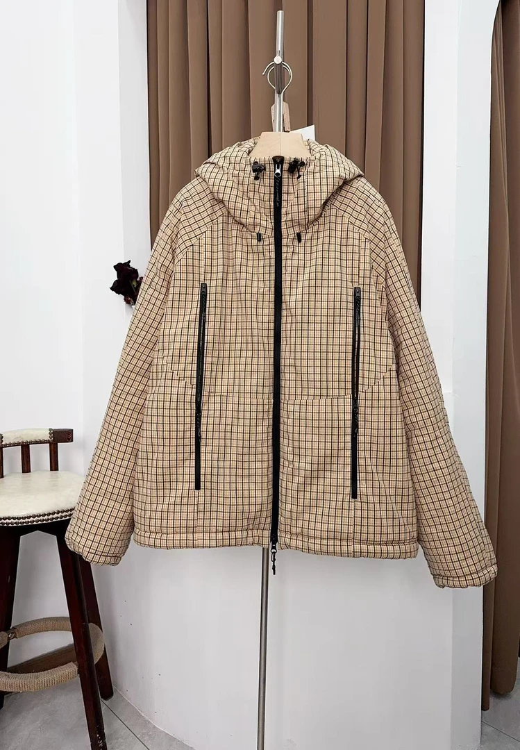 2024冬季新品格纹休闲加绒夹克复古宽松拉链棉服外套