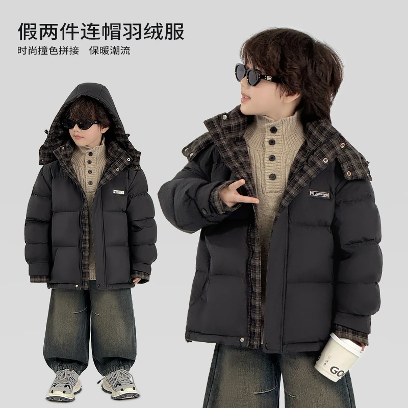 中班仔男童假两件连帽羽绒服休闲90白鸭绒外套2025冬季新款*38508