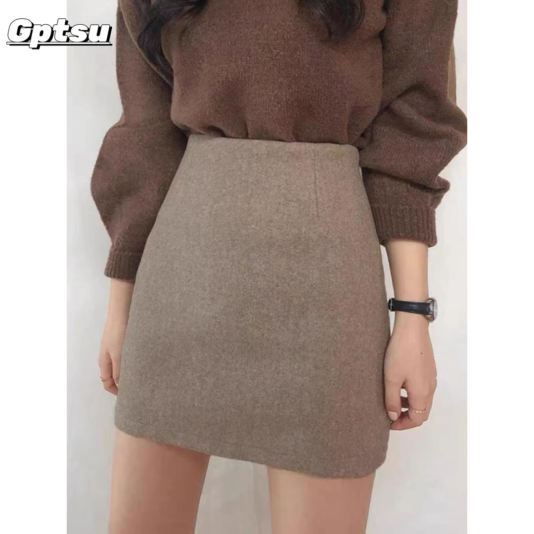 GPTSu毛呢包臀裙半身裙秋冬杏色弹力包裙高腰显瘦一步短裙防走光