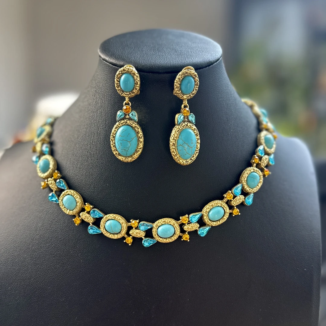 铜合金项链 复古蓝色项链饰品时尚手工欧美绿色气质镶嵌耳环套装