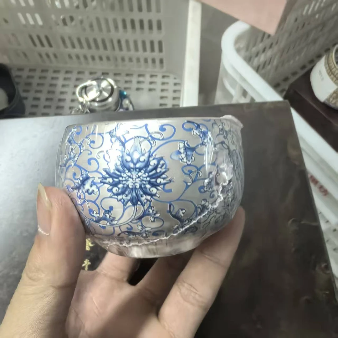 B1097青花缠枝莲999银手抓宝壶单杯HJ0001B-2