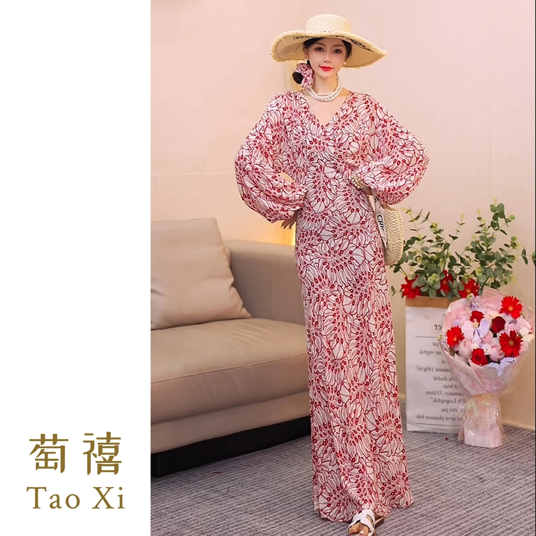 【嘉姐高定】秋季长袖印花落肩连袖显瘦中长款连衣裙TX05QZ1035