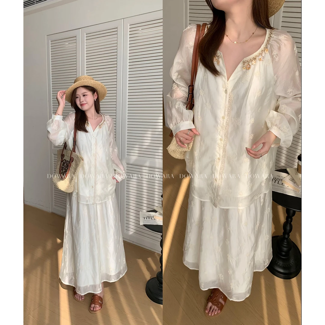 现货大婉酱微胖定制奶杏色莱赛尔套装女提花上衣+长款半身裙8068D