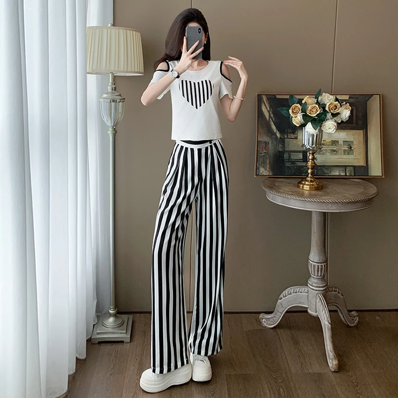 欧货炸街休闲运动套装女夏季时髦洋气露肩短袖竖条纹阔腿裤两件套