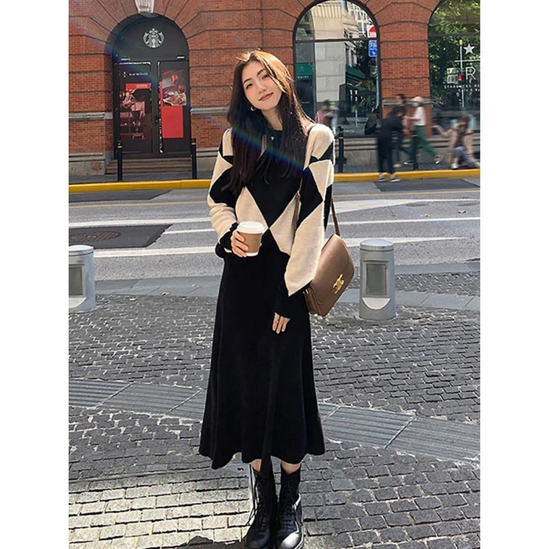 THEORY ERROR慵懒风菱形格毛衣半身裙子两件套年秋冬新款洋气针织