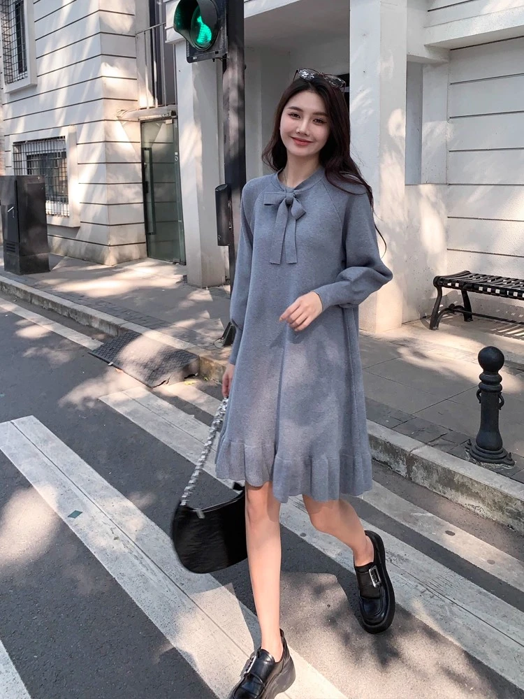 秋冬针织连衣裙女内搭配大衣中长款宽松毛衣显瘦a字打底裙毛衣裙