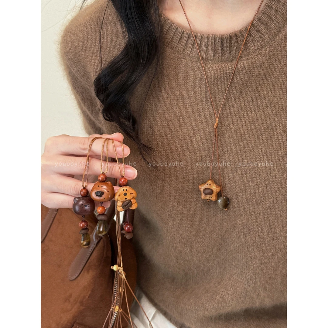 铜布艺项链 虎眼石小熊项链女秋冬可爱小众设计毛衣链挂脖配饰潮