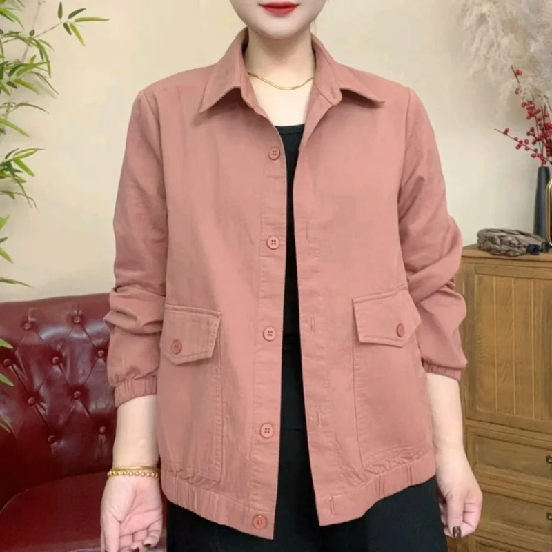 气质中老年女装妈妈款水洗棉开衫宽松时尚百搭韩版翻领外套秋装