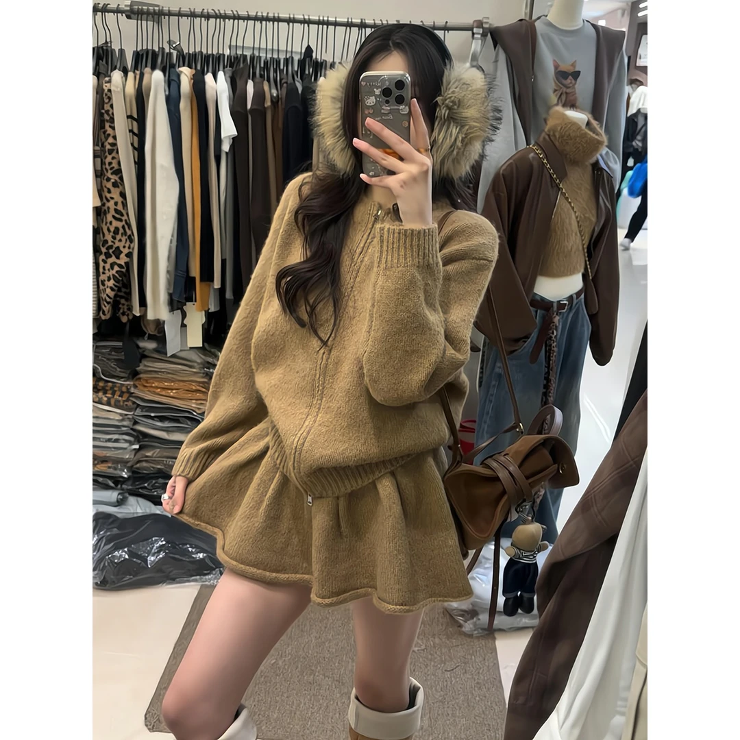 韩系慵懒风休闲软糯针织套装女2025秋冬新款毛衣开衫半身裙两件套