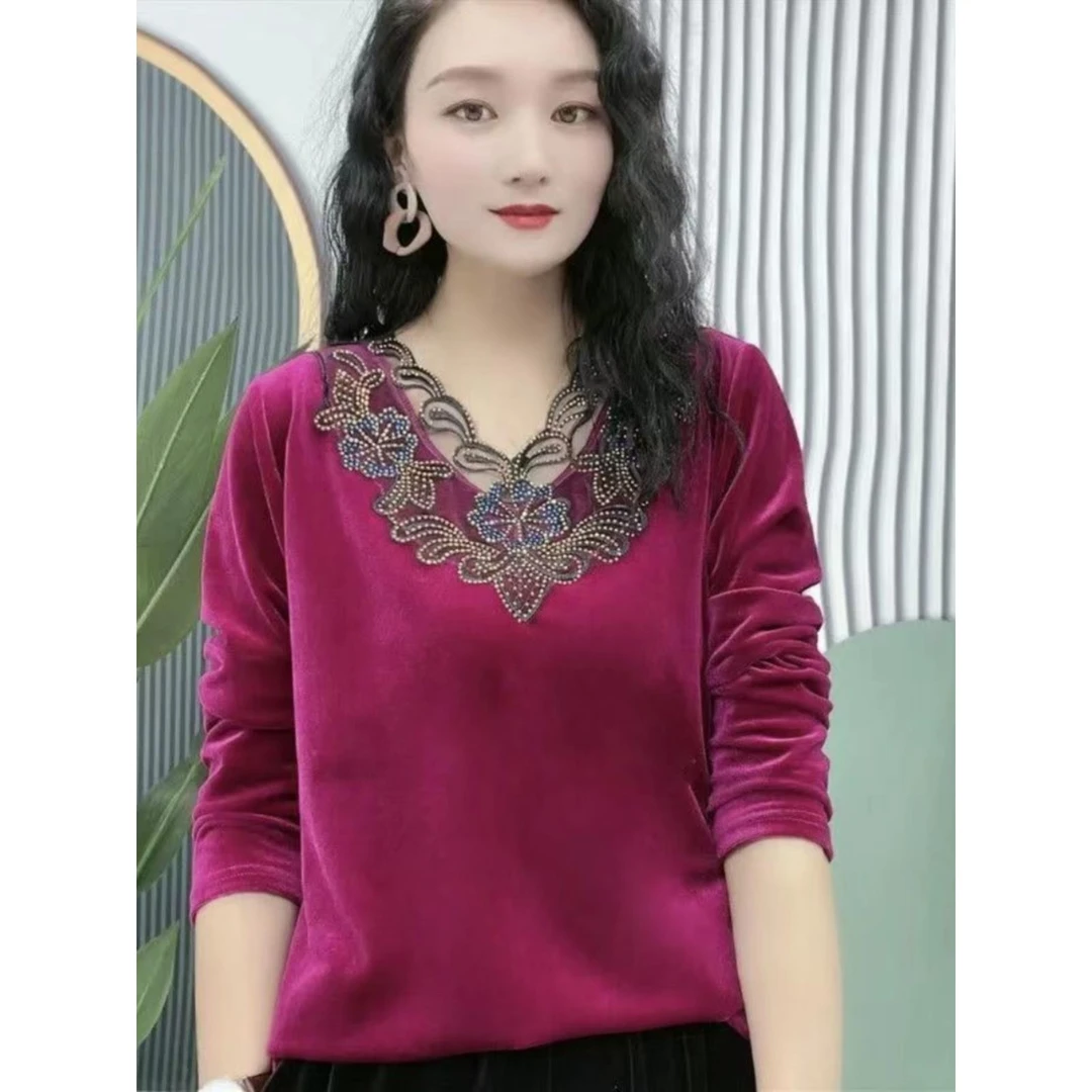 金丝蕾丝烫钻V领打底衫女春秋新款小衫洋气T恤大码女装宽松上衣