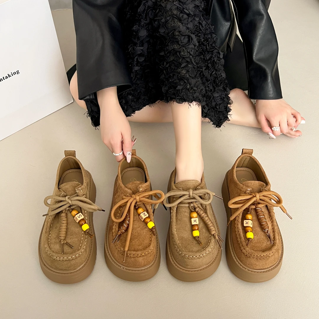 厚底勃肯鞋女2025秋季新款系带袋鼠板鞋复古乐福单鞋增高全包博肯