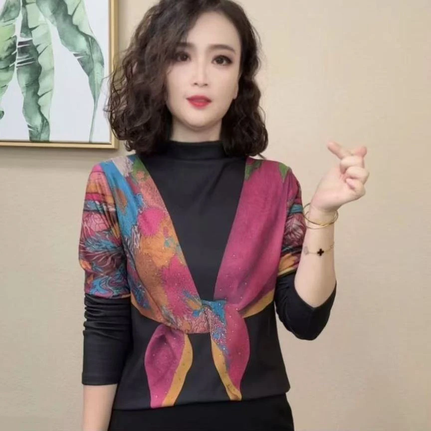 德绒保暖秋冬季减龄印花T恤长袖高领百搭大码上衣洋气时尚打底衫