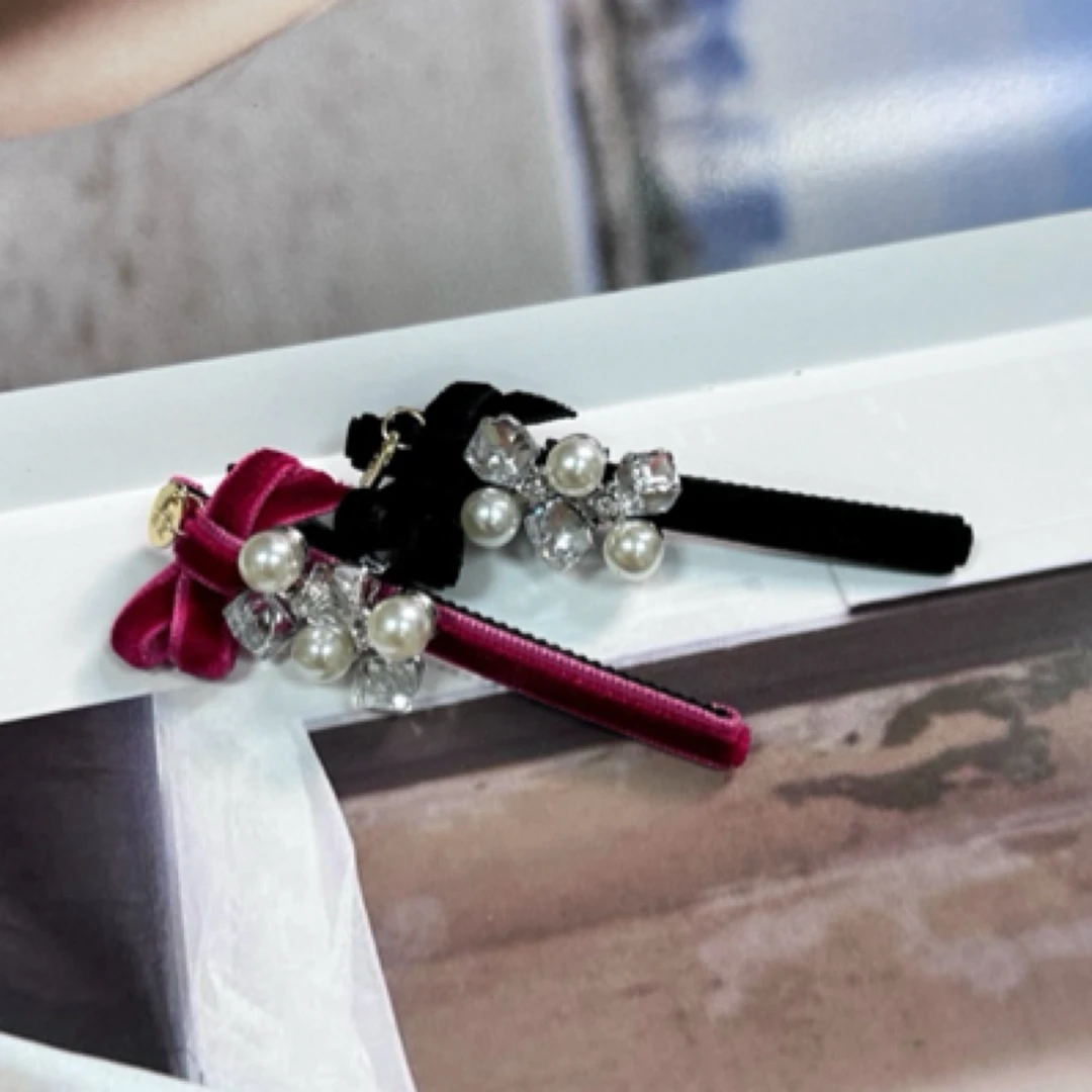 韩国新款发饰少女蝴蝶结发夹头饰复古气质丝绒水钻一字夹发卡边夹