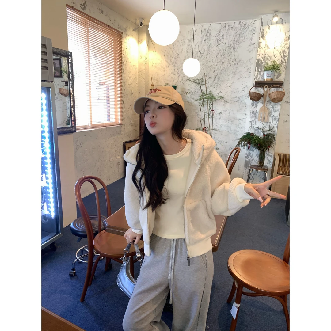 YO定制冬季时髦洋气连帽毛毛外套韩系休闲简约保暖宽松开衫上衣