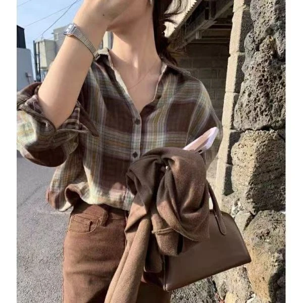 复古格子衬衫2025新款女早秋宽松慵懒风衬衣秋叠穿长袖上衣